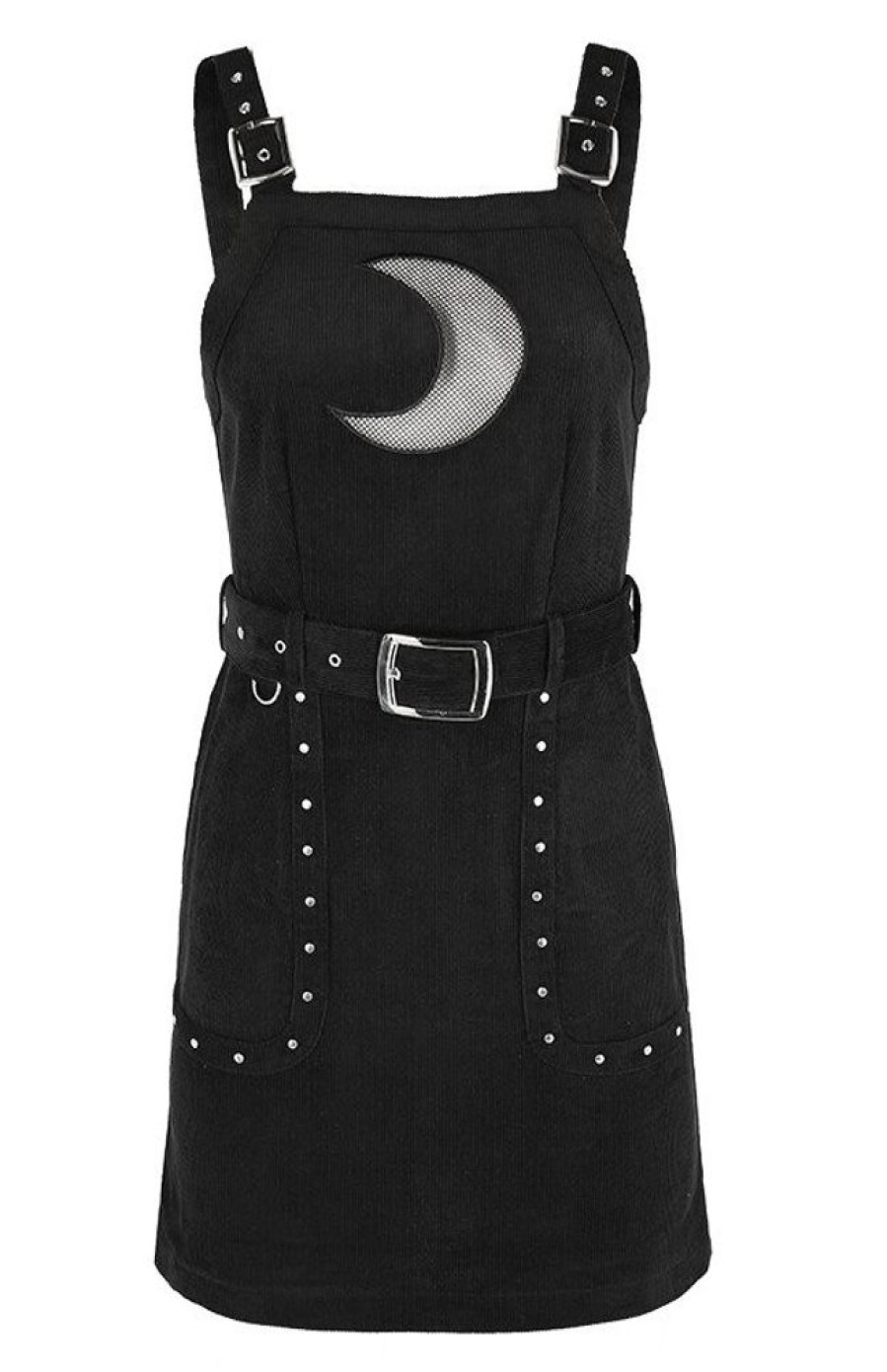 Clothes Restyle | Black Gothic Mesh Moon Suspender Corduroy Crescent Dress