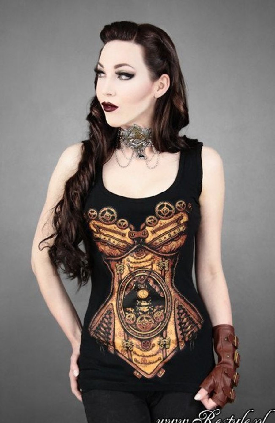Clothes Restyle | Tank Top "Steampunk Corset" Mechanical Skeleton, Black Singlet