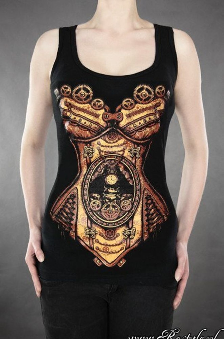 Clothes Restyle | Tank Top "Steampunk Corset" Mechanical Skeleton, Black Singlet