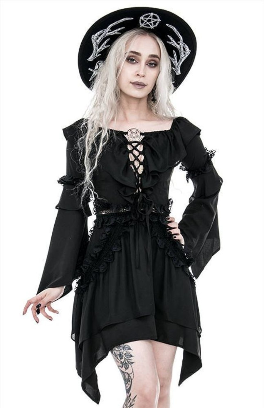 Clothes Restyle | Witchy Bardot Dress With Ruffles And Pentagram