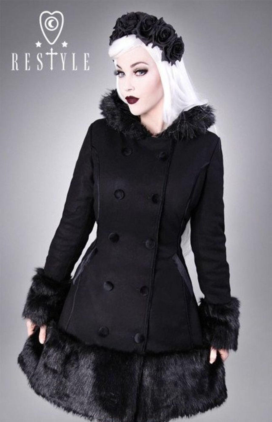 Clothes Restyle | Gothic, Winter Coat, Black Wool, Gothic Lolita, Faux Fur R-34
