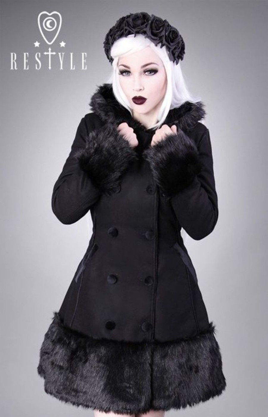 Clothes Restyle | Gothic, Winter Coat, Black Wool, Gothic Lolita, Faux Fur R-34
