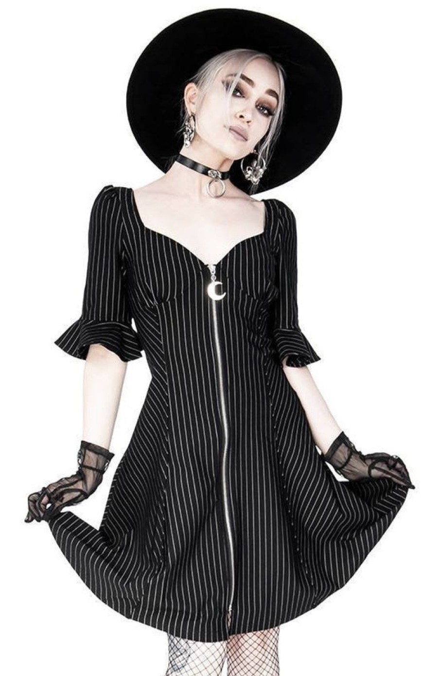Clothes Restyle | Pinstripe Sweetheart Dress With A Moon Charm