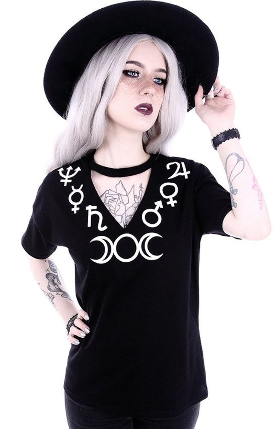 Clothes Restyle | V-Neck With Choker Gothic Blouse With Moon "Symbols"