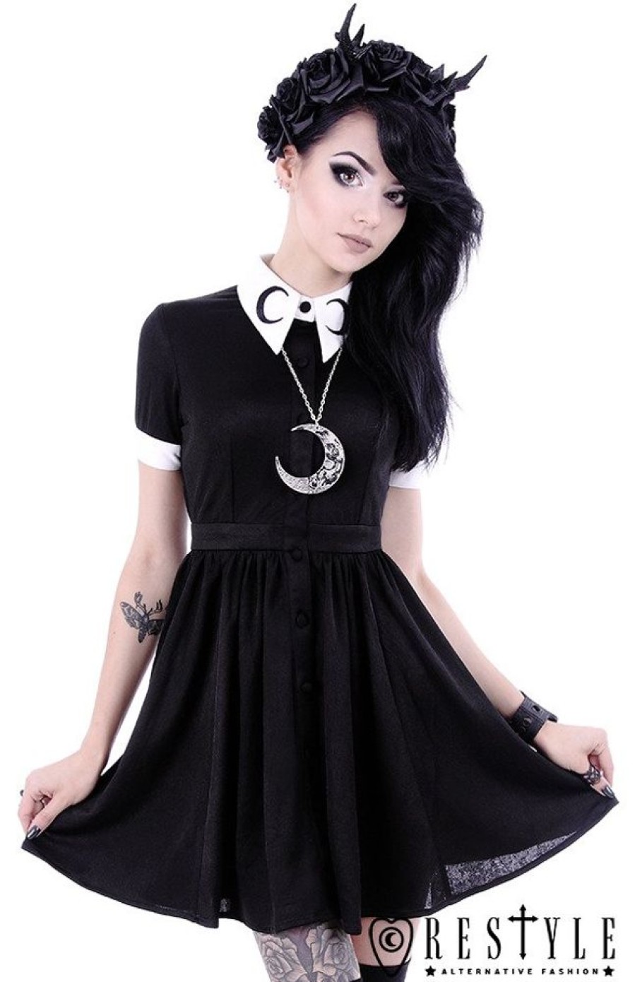 Clothes Restyle | White Collar With Moon Symbol, Circle, Gothic Dress "Moon Dress"