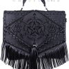 Handbags Restyle | Black Gothic Satchel With Fringe, Laser Cut Pentagram, Alchemical Symbols "Boho Witch Bag"