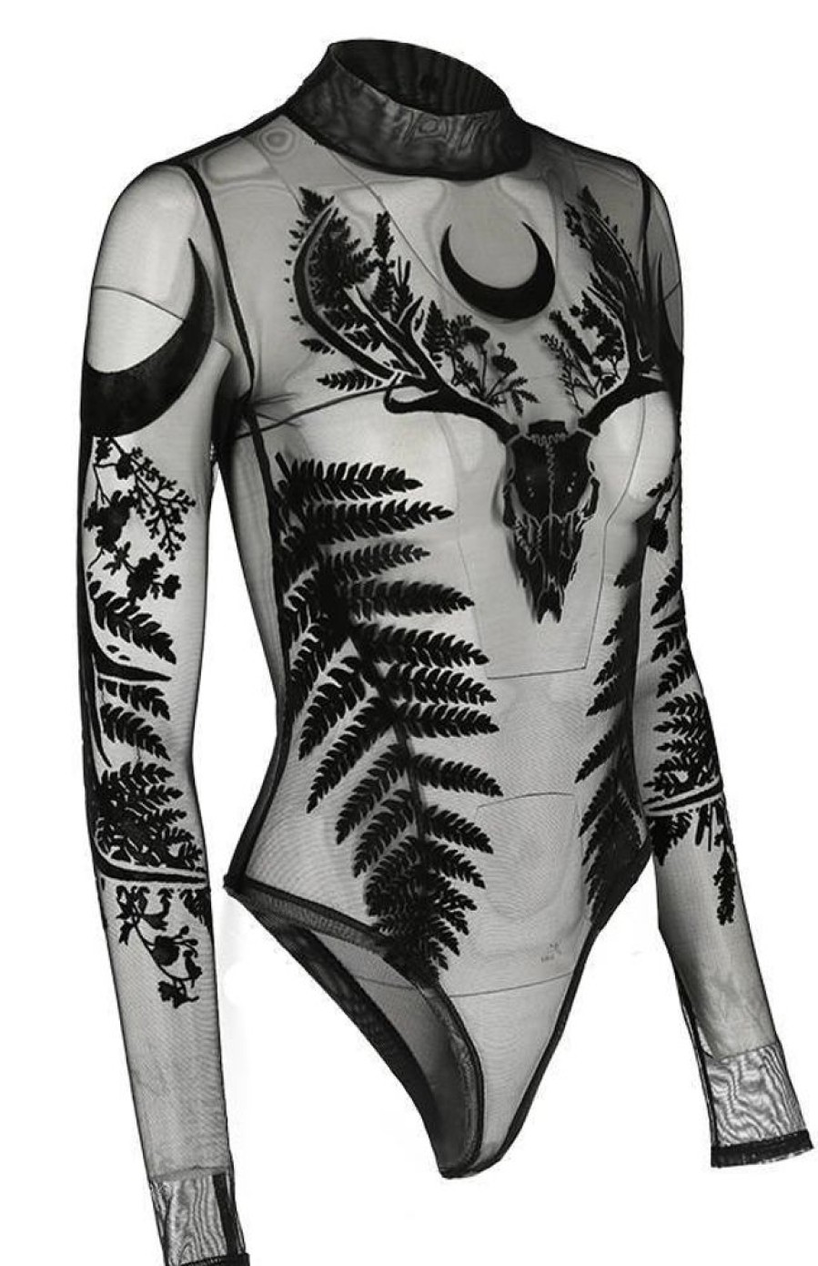 Clothes Restyle | Black Gothic Fern Mesh Bodysuit