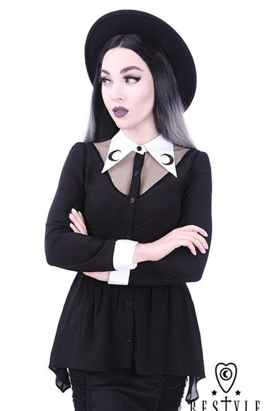 Clothes Restyle | Black Shirt With Basquine, White, Long Collar With Crescent Embroidery "Luna Shirt"