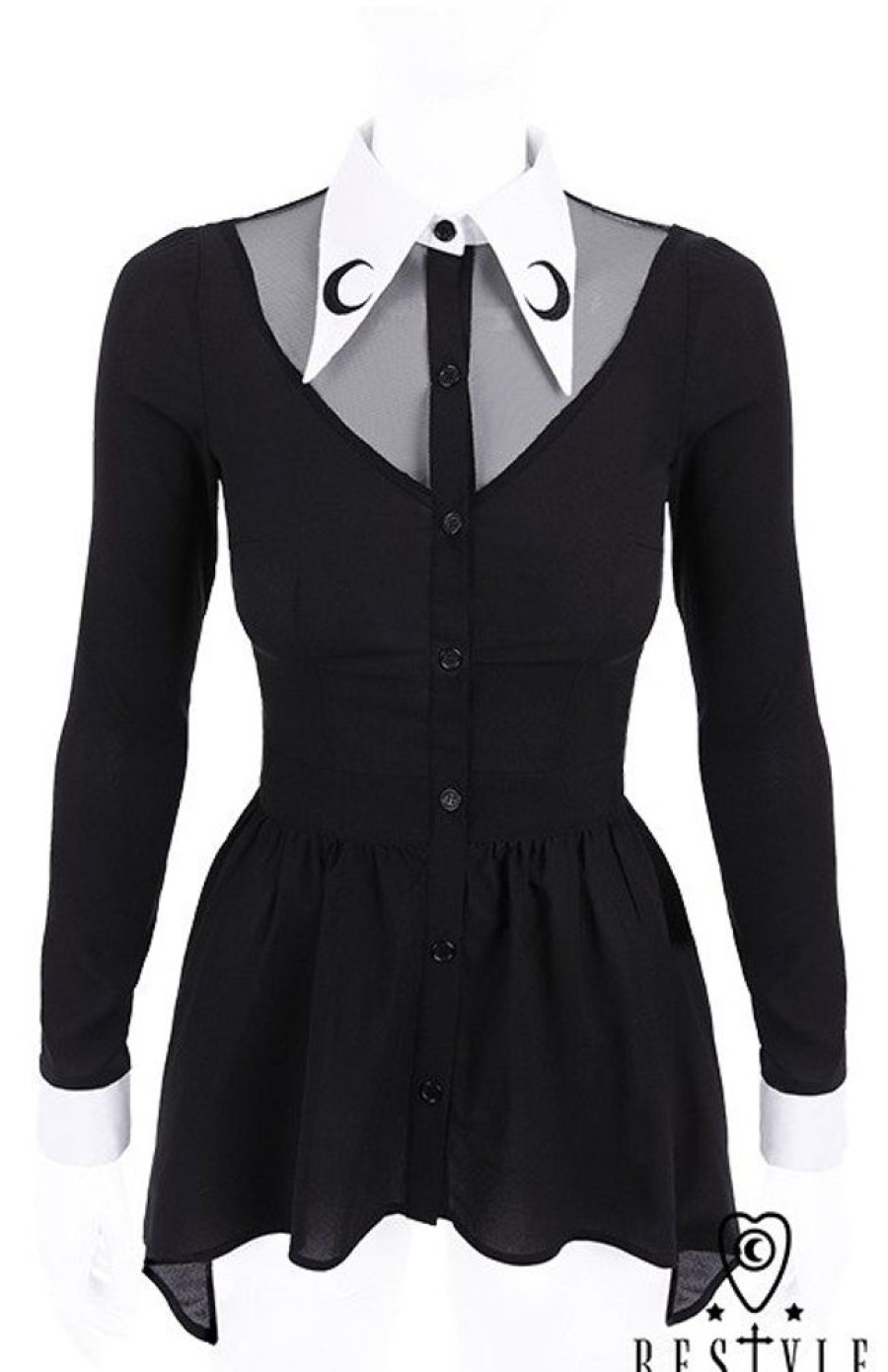 Clothes Restyle | Black Shirt With Basquine, White, Long Collar With Crescent Embroidery "Luna Shirt"