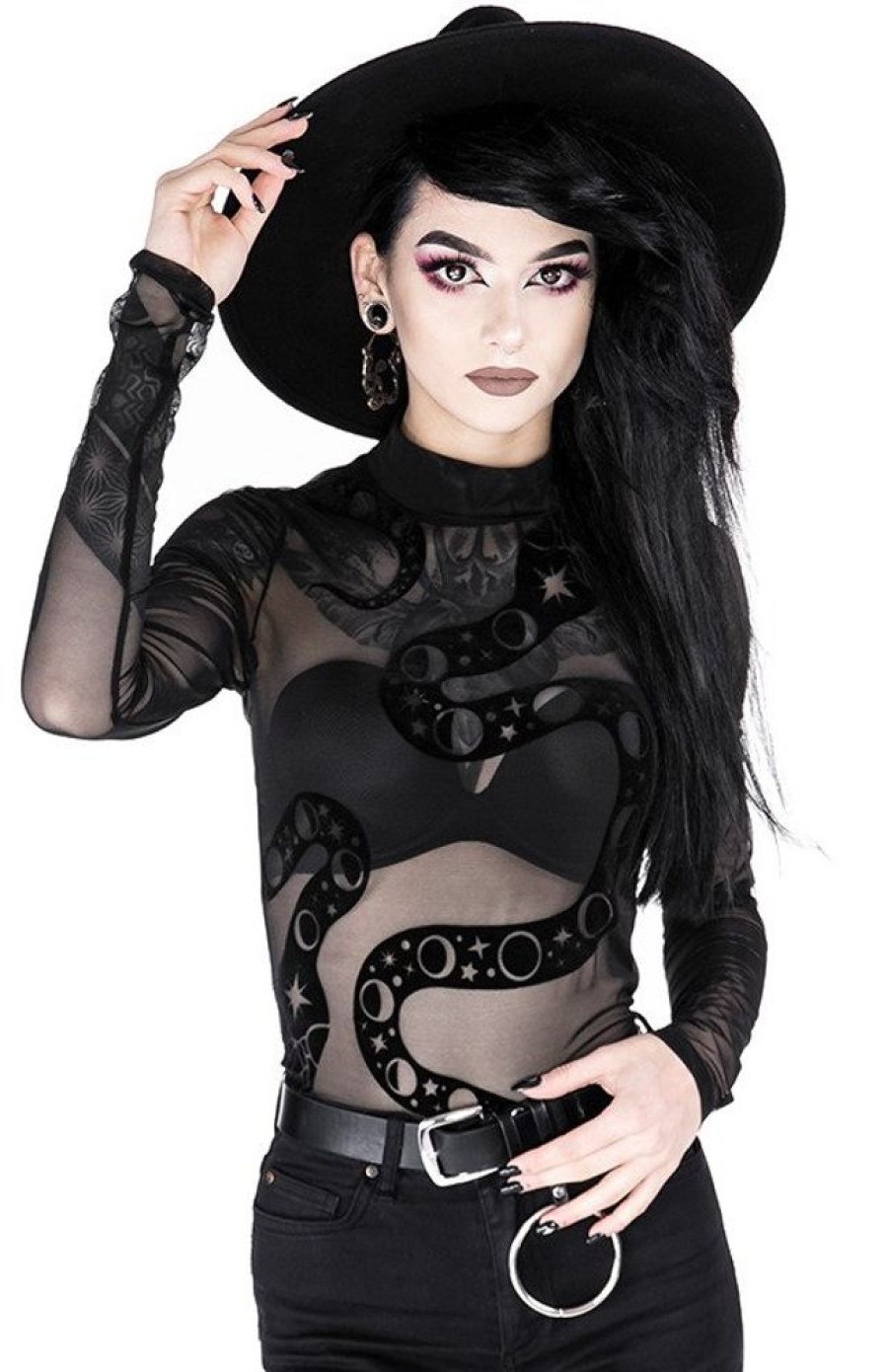 Clothes Restyle | Black Gothic Snake Mesh Bodysuit