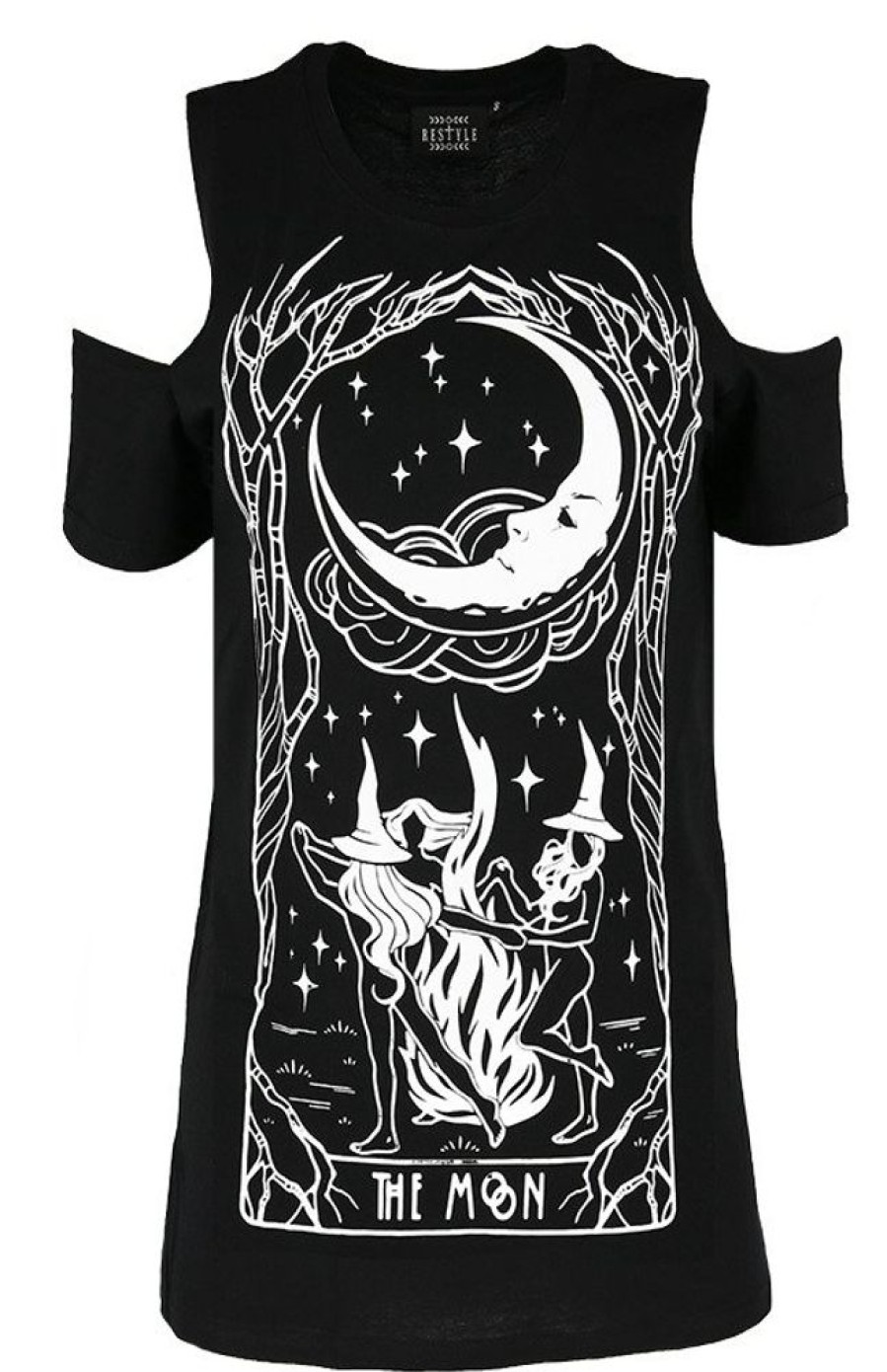 Clothes Restyle | Black Women`S T-Shirt Cold Shoulder Witches Chant