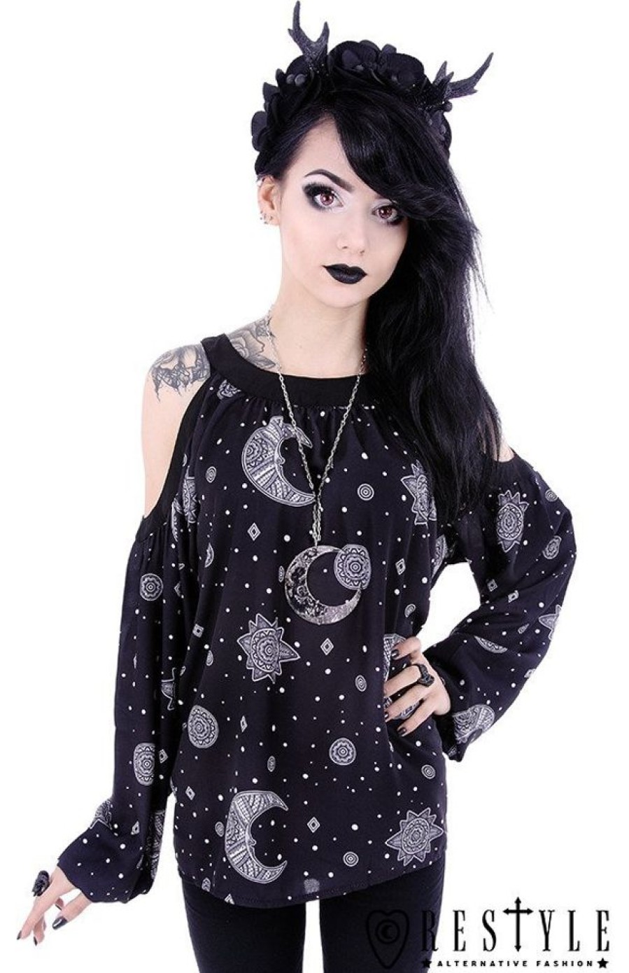 Clothes Restyle | Crescent Oversized Shirt, Gothic Cold Shoulders Blouse "Moon Hippie Blouse"