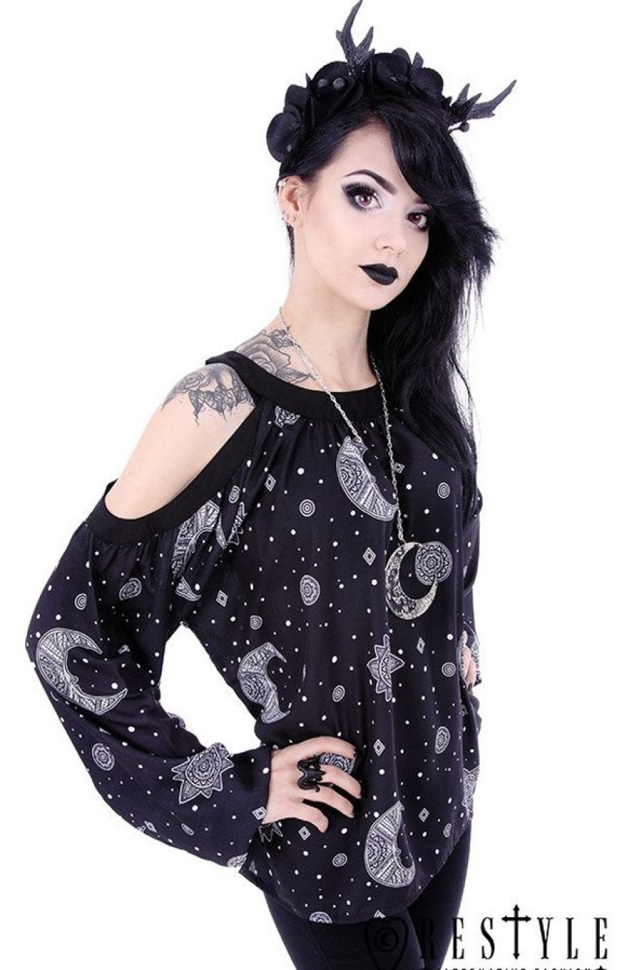 Clothes Restyle | Crescent Oversized Shirt, Gothic Cold Shoulders Blouse "Moon Hippie Blouse"