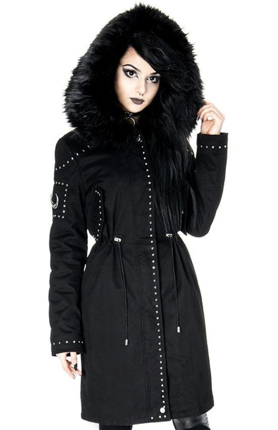 Clothes Restyle | Moon Parka Black Gothic Winter Coat With Oversized Fur Hood