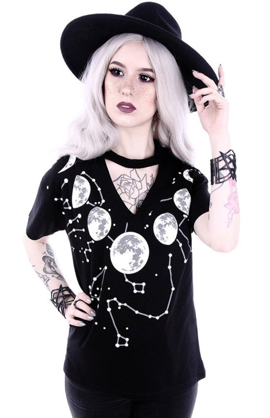 Clothes Restyle | V-Neck With Choker Gothic Blouse With "Moon Phases"