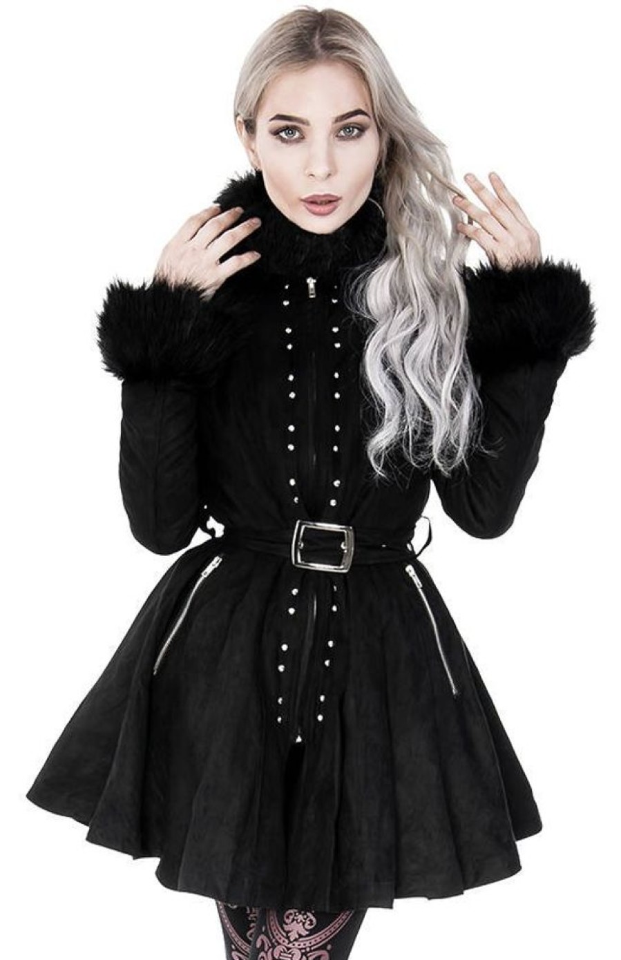 Clothes Restyle | Pleated Coat With A Belt And Faux Fur Collar And Cuffs