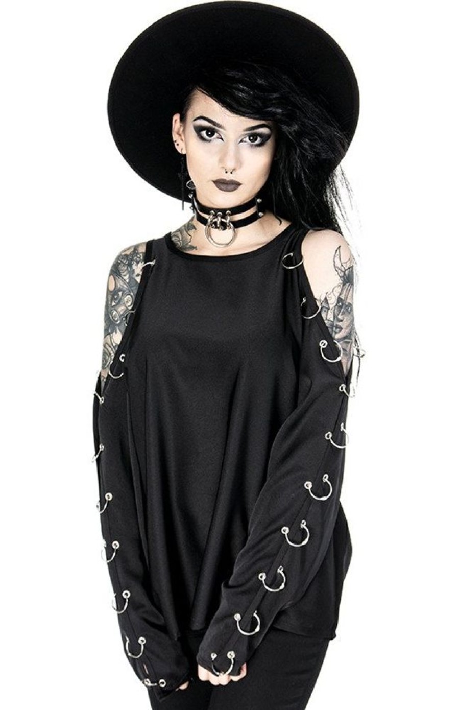 Clothes Restyle | Cold Shoulder Pierced Blouse Oversized Shirt, Gothic