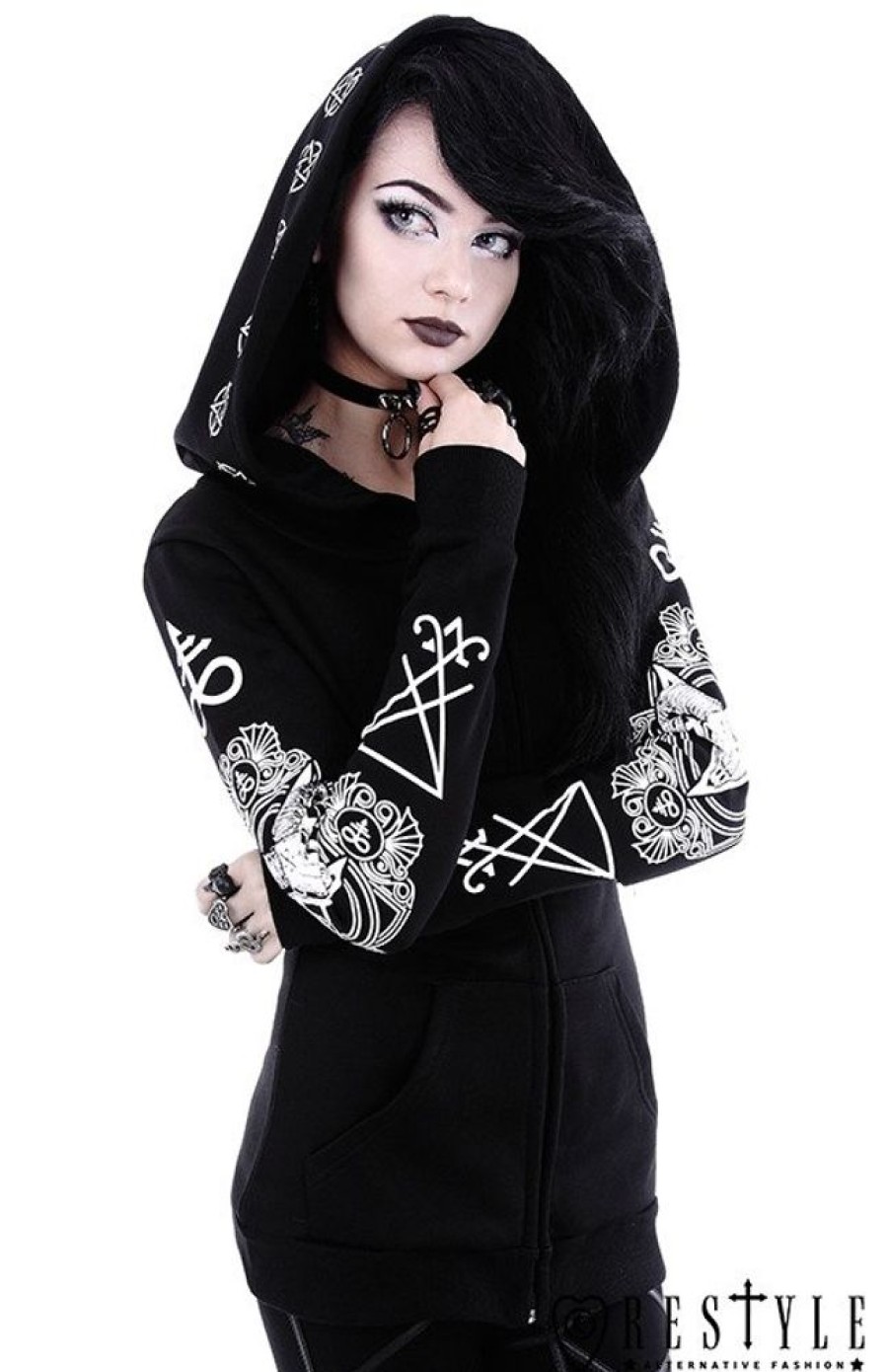 Clothes Restyle | Gothic Blouse With Oversized Hood, Ram Skull And Pentagram "Ritual Hoodie"