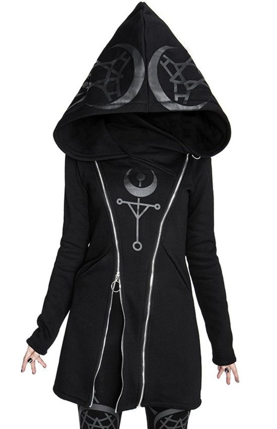 Clothes Restyle | Twin Moon Hoodie Black Gothic Double Zipped Jacket With Print